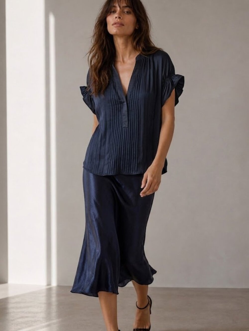 Anthropologie Pleated Blouse Top Satin Navy V-neck Flutter Ruffle Sleeves size L